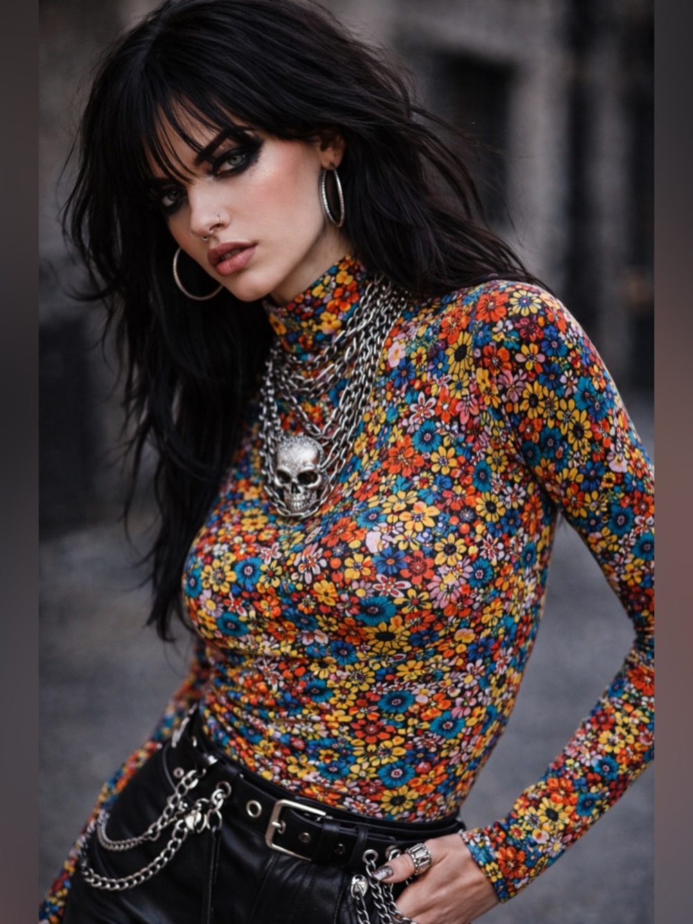 BruceGlen Psych Floral Turtleneck Vibrant Colorful Top Editorial Abstract Small